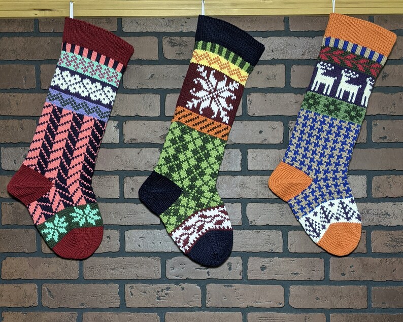 Plaid Hand Knit Christmas Stocking with Orange Cuff, White Trees and Taupe Snowflakes, Fair Isle Knit, Can be Personalized, Baby Gift Idea image 8