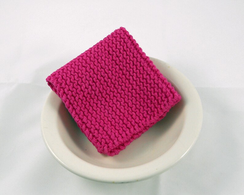 Large Cotton Dishcloth/ Washcloth in Hot Pink, Hand Knit, 8 Inches, Make Your Own Set, Housewarming Gift, Baby Shower Gift, Stocking Stuffer image 2