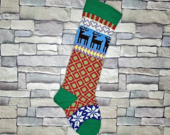 Personalized Hand Knit Christmas Stocking in Kelly Green with Reindeer and Snowflakes, Colorful Stocking, Fair Isle Stocking, Gift Ideas