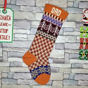 Plaid Hand Knit Christmas Stocking with Orange Cuff, White Trees and Taupe Snowflakes, Fair Isle Knit, Can be Personalized, Baby Gift Idea Add a Name