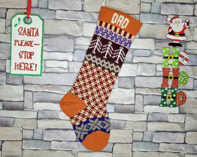 Plaid Hand Knit Christmas Stocking with Orange Cuff, White Trees and Taupe Snowflakes, Fair Isle Knit, Can be Personalized, Baby Gift Idea Add a Name