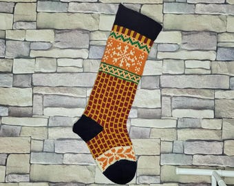 Hand Knit Fair Isle Christmas Stocking: Blue, Snowflake, Bricks, Personalized