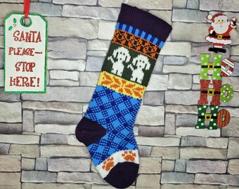 Plaid Hand Knit Christmas Stocking with Purple Cuff,  White Dogs and Orange Paws, Fair Isle Knit, Can be Personalized, Pet Stocking