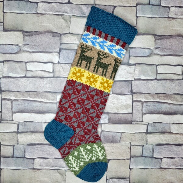 Christmas Stocking, Hand Knit Stocking, Fair Isle Stocking with Teal Cuff and Green Reindeer, Can be Personalized, Wedding or Baby Gift