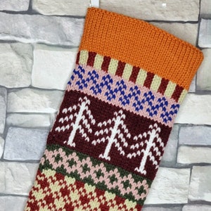 Plaid Hand Knit Christmas Stocking with Orange Cuff, White Trees and Taupe Snowflakes, Fair Isle Knit, Can be Personalized, Baby Gift Idea image 4