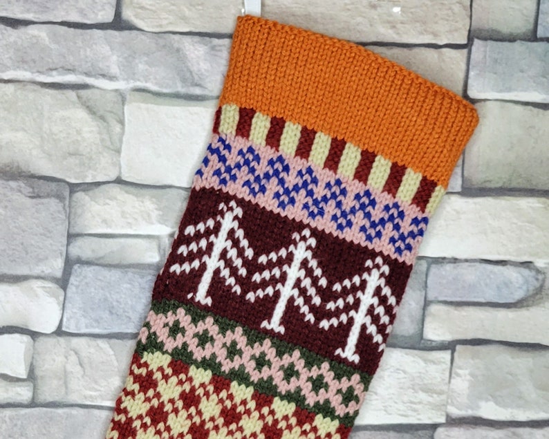 Plaid Hand Knit Christmas Stocking with Orange Cuff, White Trees and Taupe Snowflakes, Fair Isle Knit, Can be Personalized, Baby Gift Idea image 4