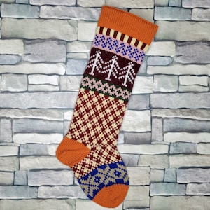 Plaid Hand Knit Christmas Stocking with Orange Cuff, White Trees and Taupe Snowflakes, Fair Isle Knit, Can be Personalized, Baby Gift Idea image 1