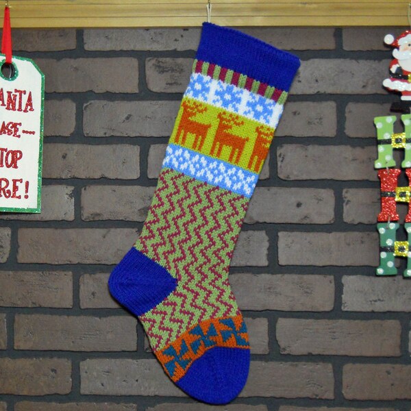 Colorful Hand Knit Christmas Stocking, Fair Isle Design, Blue Cuff, Orange Deer and Teal Pinwheels, Can be Personalized, Housewarming Gift