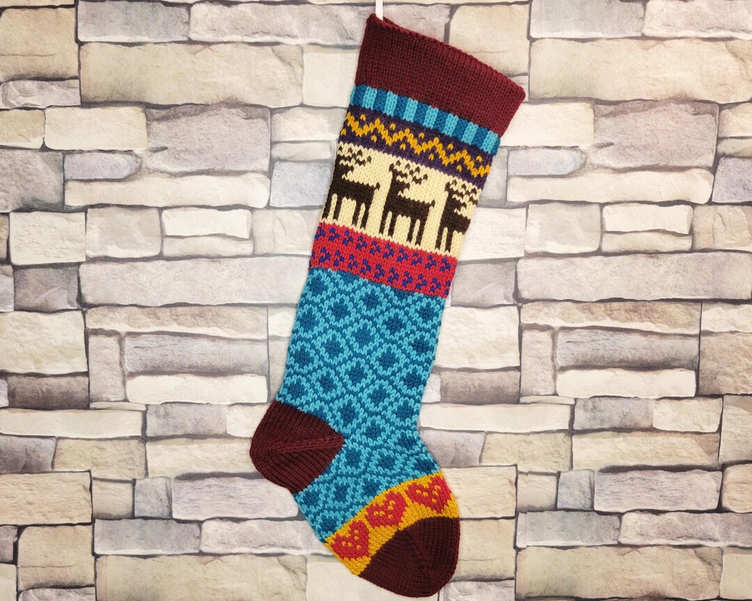Personalized Hand Knit Christmas Stocking: Burgundy Reindeer Fair Isle ...