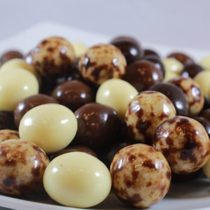May include: A close-up of a bowl filled with chocolate candies. The candies are a mix of white, dark, and milk chocolate. Some of the candies have a speckled brown coating.