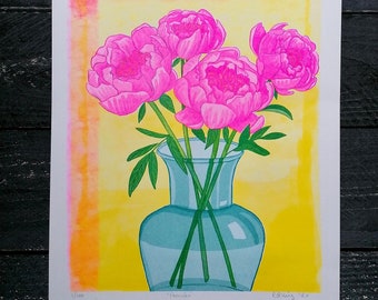 Peonies A3 or A4 risograph print neon fluorescent pink