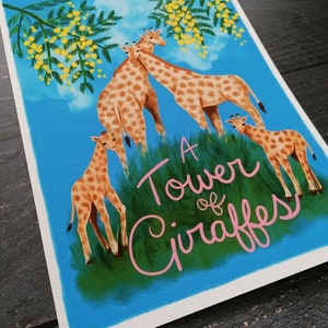 A Tower of Giraffes collective noun giclee fine art print, A4. Children's room decor. Jungle, family, zoo theme nursery image 2