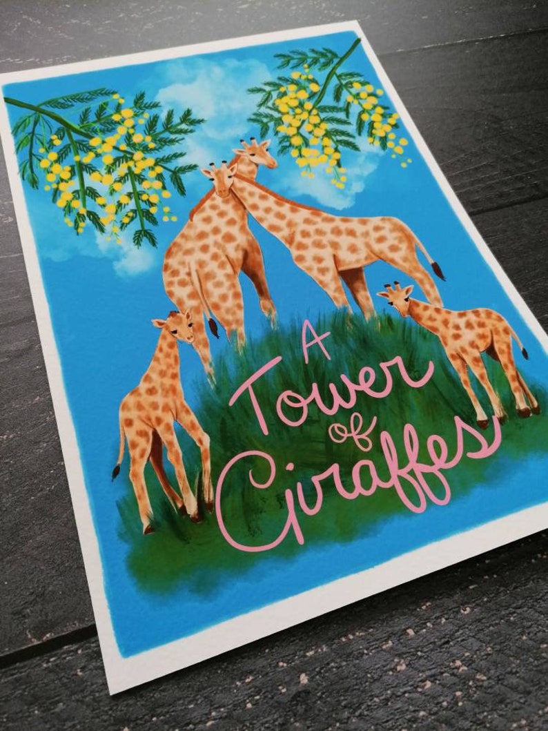 A Tower of Giraffes collective noun giclee fine art print, A4. Children's room decor. Jungle, family, zoo theme nursery image 2