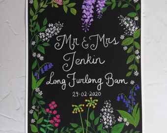 Custom personalised wedding or anniversary print, wildflowers, botanical, chalkboard