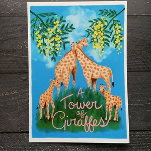 A Tower of Giraffes collective noun giclee fine art print, A4. Children's room decor. Jungle, family, zoo theme nursery image 1