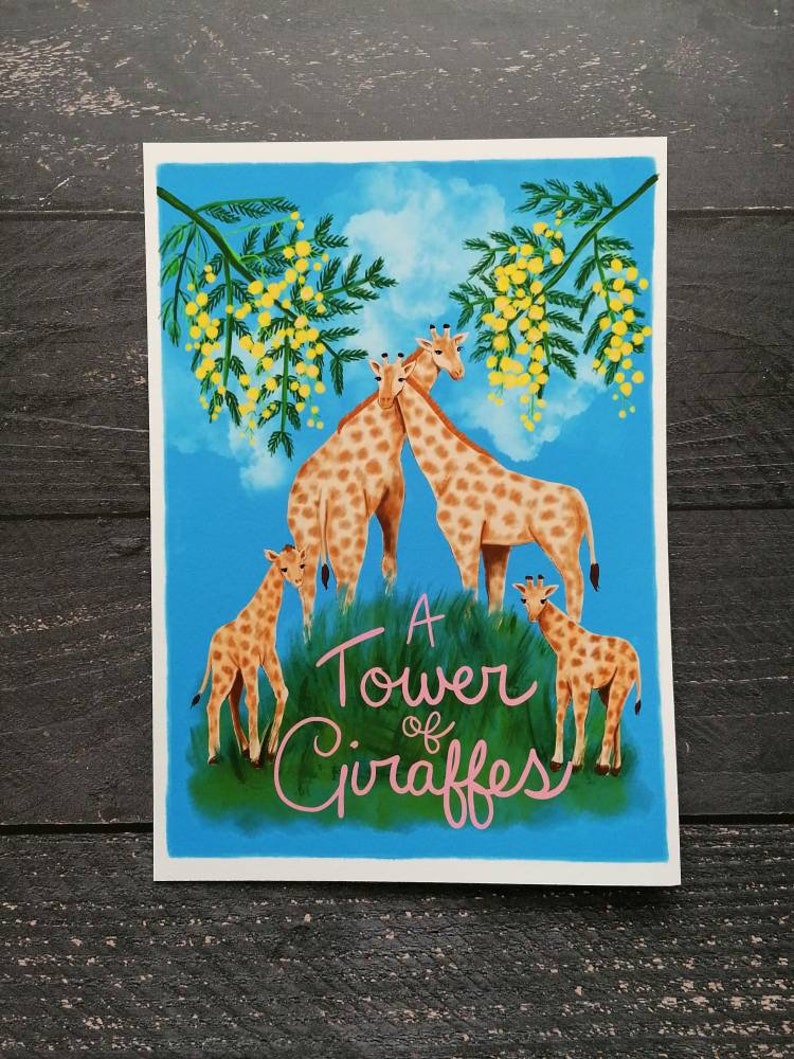 A Tower of Giraffes collective noun giclee fine art print, A4. Children's room decor. Jungle, family, zoo theme nursery image 1