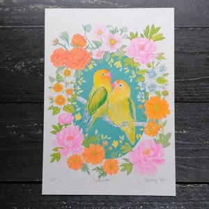 Lovebirds A4 risograph print neon fluorescent pink image 5