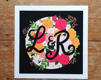 Personalised floral initials giclee print. Custom wedding, anniversary gift