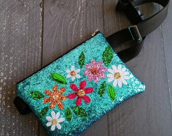 Turquoise aqua blue floral daisy glitter bumbag, fanny pack.