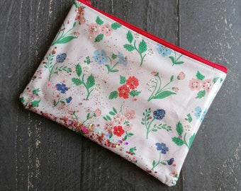 Handmade pale grey blue retro floral glitter pouch, make up bag, pencil case