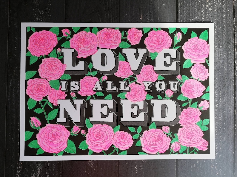 Love is all you need, Beatles inspired A3 numbered risograph art print image 1
