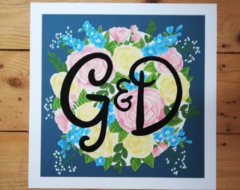 Personalised floral initials giclee print. Custom wedding, anniversary gift