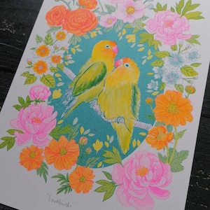 Lovebirds A4 risograph print neon fluorescent pink image 2