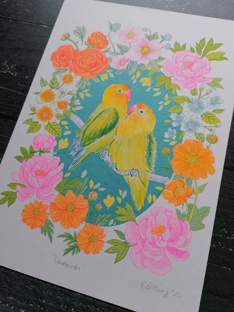 Lovebirds A4 risograph print neon fluorescent pink image 2