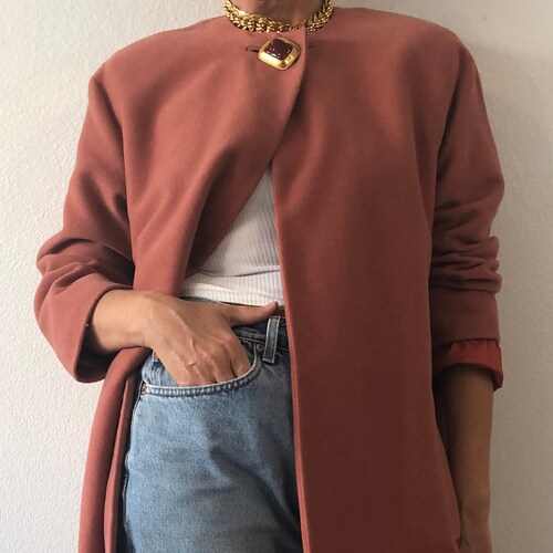 Vintage Anne Klein Peach Wool Coat With Big Gold Stone Button shops And Packets