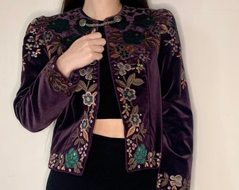Vintage 80s Oscar De La Renta Purple Velvet Floral Embroidered Jacket