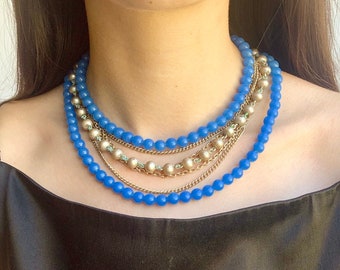 50's Vintage Blue Beads and chain Choker Necklace