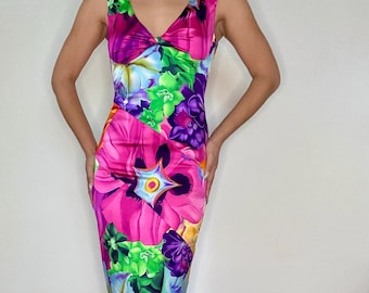 Sukienka z jedwabiu w stylu vintage Versace by Wiosna/Lato 2005 w neonowe, wielokolorowe kwiaty