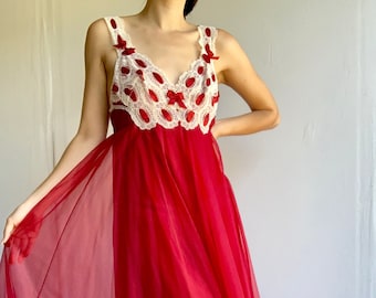 Vintage 60's Saxon Red Lace Night Gown/Slip Dress