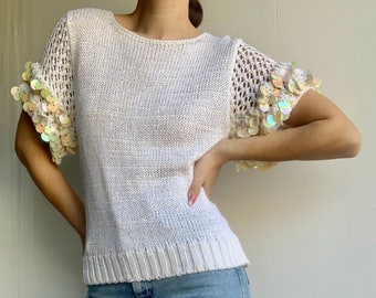 White Short Sleeve Sweater with Embellished Sleeves