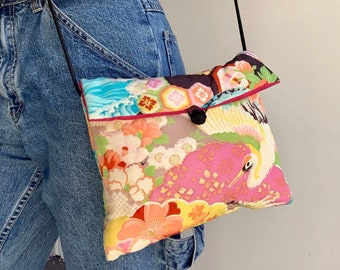 Printed Crane with Cherry Blossoms Colorful Crossbody