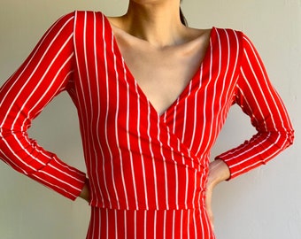SALE: Red with White Stripes Long Sleeve Nylon Bodysuit