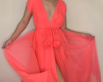 Vintage 60's Lucie Ann Bright Coral Pom Pom Peignoir/Robe/Nightgown