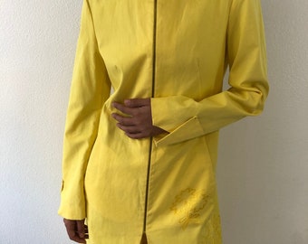 Vintage Yellow Versus Coat Zip Up With Two Pockets Floral Embroidery