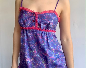 Betsey Johnson Y2K Purple Printed and Ruffled Lingerie Dress