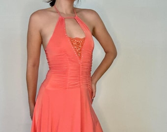 Vestido halter coral con encaje y detalles de cristal de Gianni Versace Y2K VERSUS