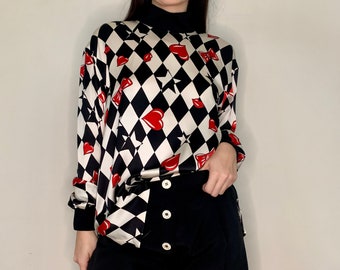 ESCADA Vintage 80's Diamond Heart Printed Silk Blouse