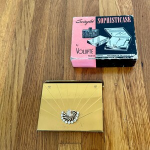 Vintage Volupte 40er/50er Jahre Gold Metall Clutch mit Kristall-Dekor Abendtasche Hardcase Make-up Kompakt Bild 9