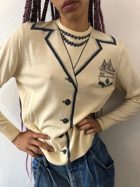 Vintage 50’s Print On Ivory Wool Sweater - image 2