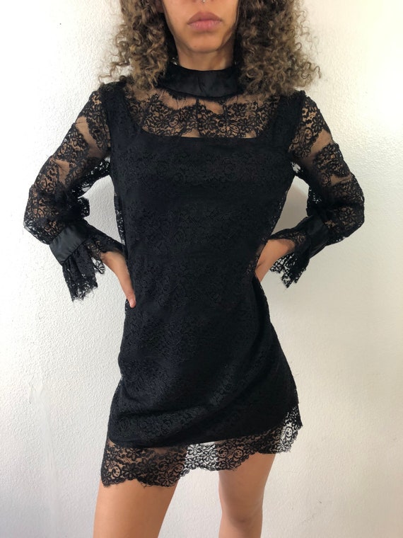 Vintage 60’s Black Mod Lace With Long Sheer Sleev… - image 5