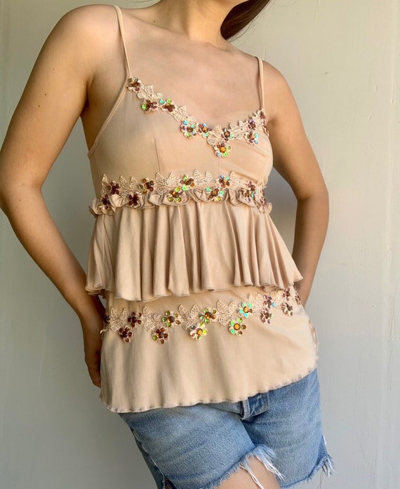 SALE Y2K Moschino Jeans Layered Tank with Floral Sequin Embellishments