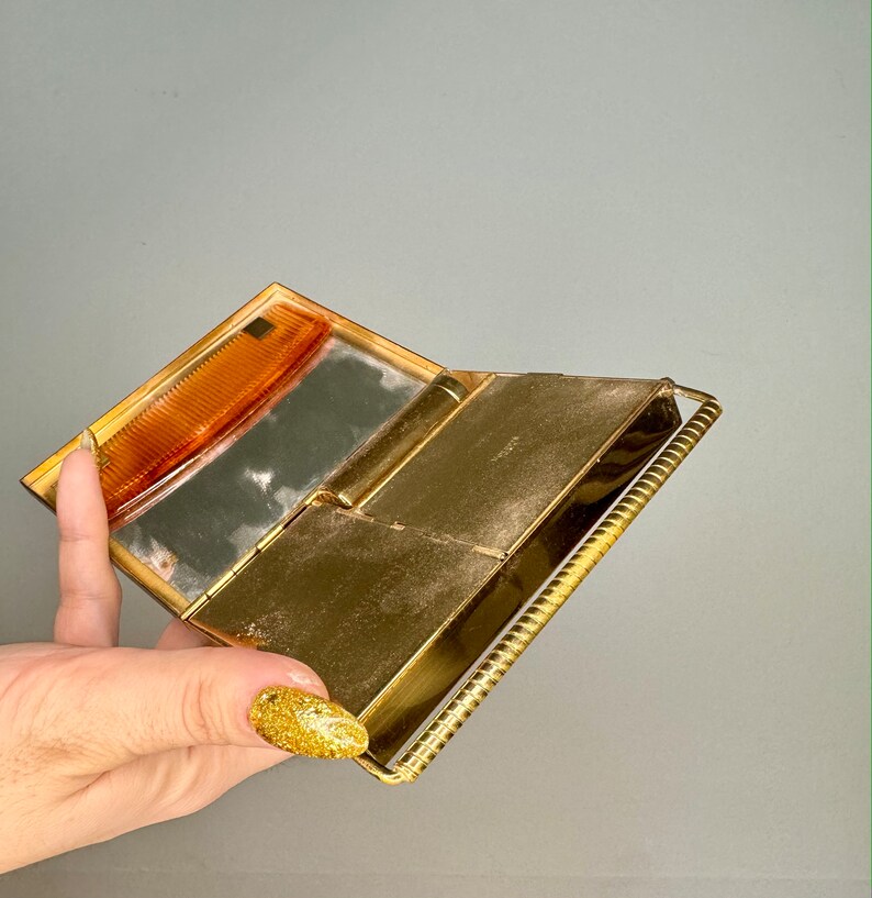 Vintage Volupte 40er/50er Jahre Gold Metall Clutch mit Kristall-Dekor Abendtasche Hardcase Make-up Kompakt Bild 7