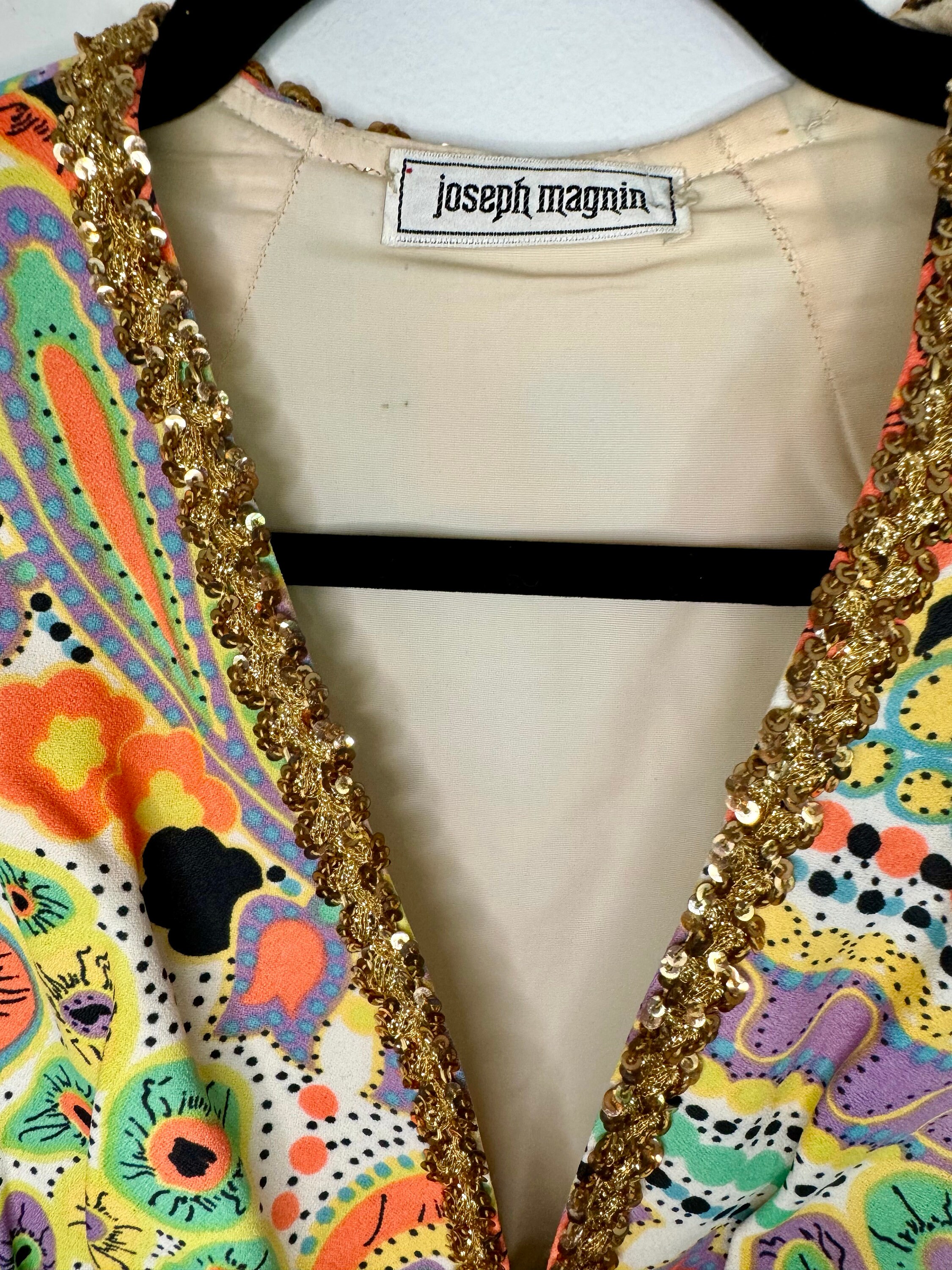 Vintage 60's JOSEPH MAGNIN Printed Jumpsuit With Gold Sequin Trim