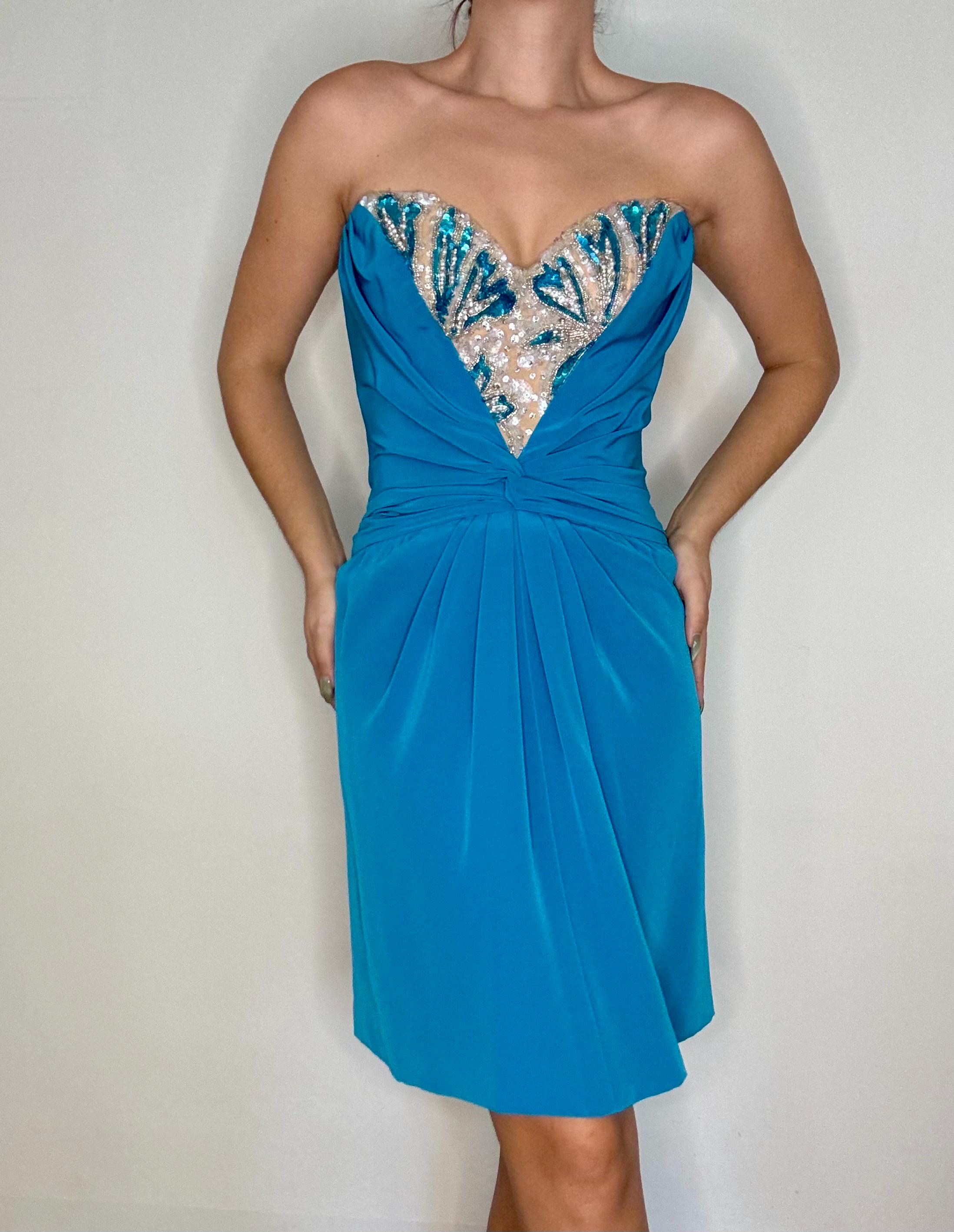 sachin and babi light blue dress 1990s Bob Mackie Black Silk, Lace and Rhinestone Cocktail Dress
