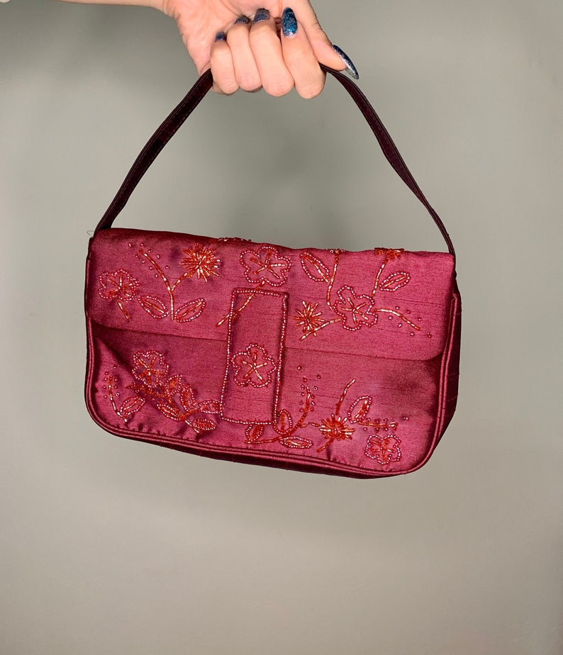 Vintage Y2K Maroon Beaded Floral Mini Bag NWT 画像 1