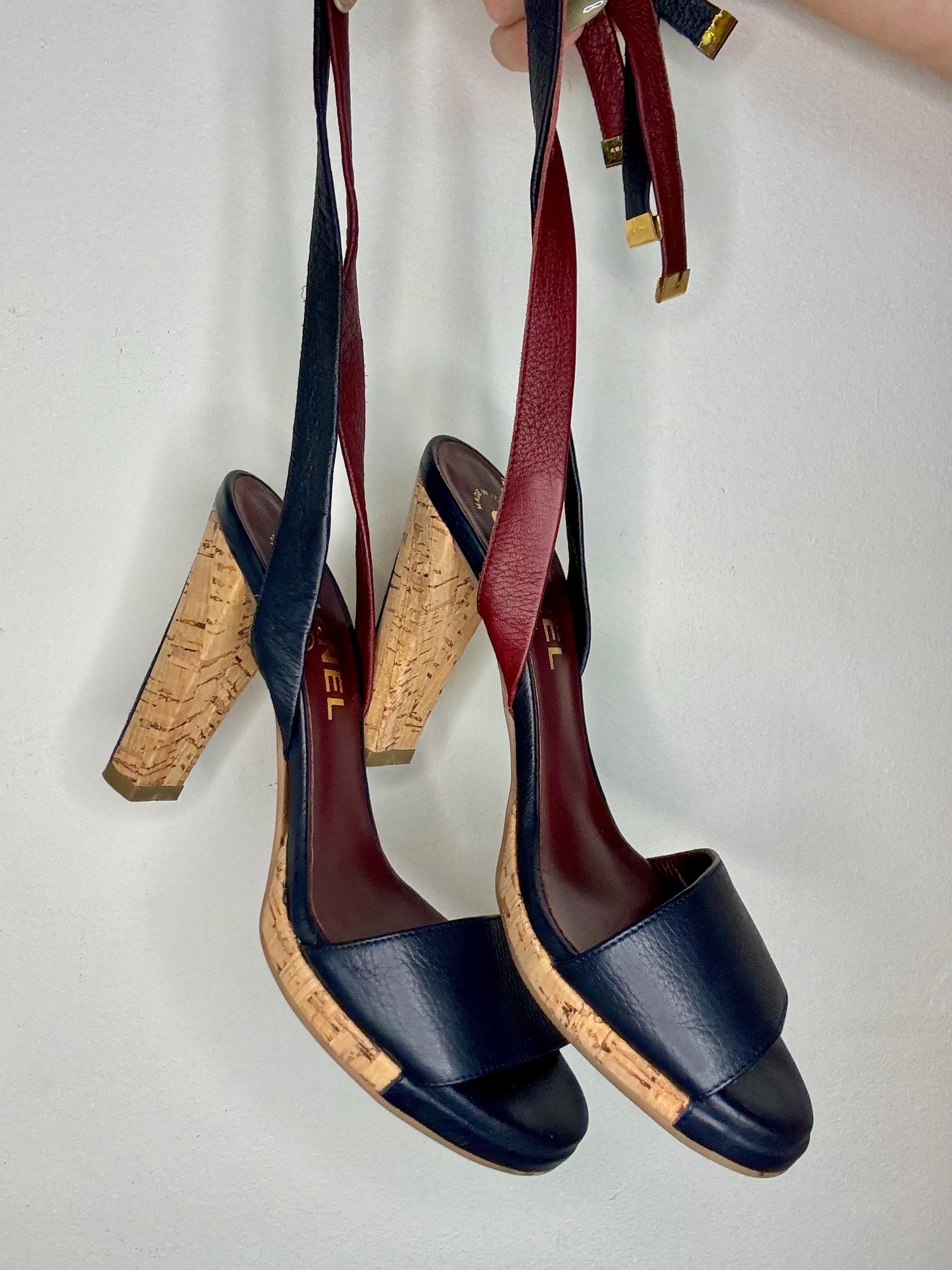 Vintage 2006 CHANEL Cork Heel Lace up Leather Sandal - Collection
